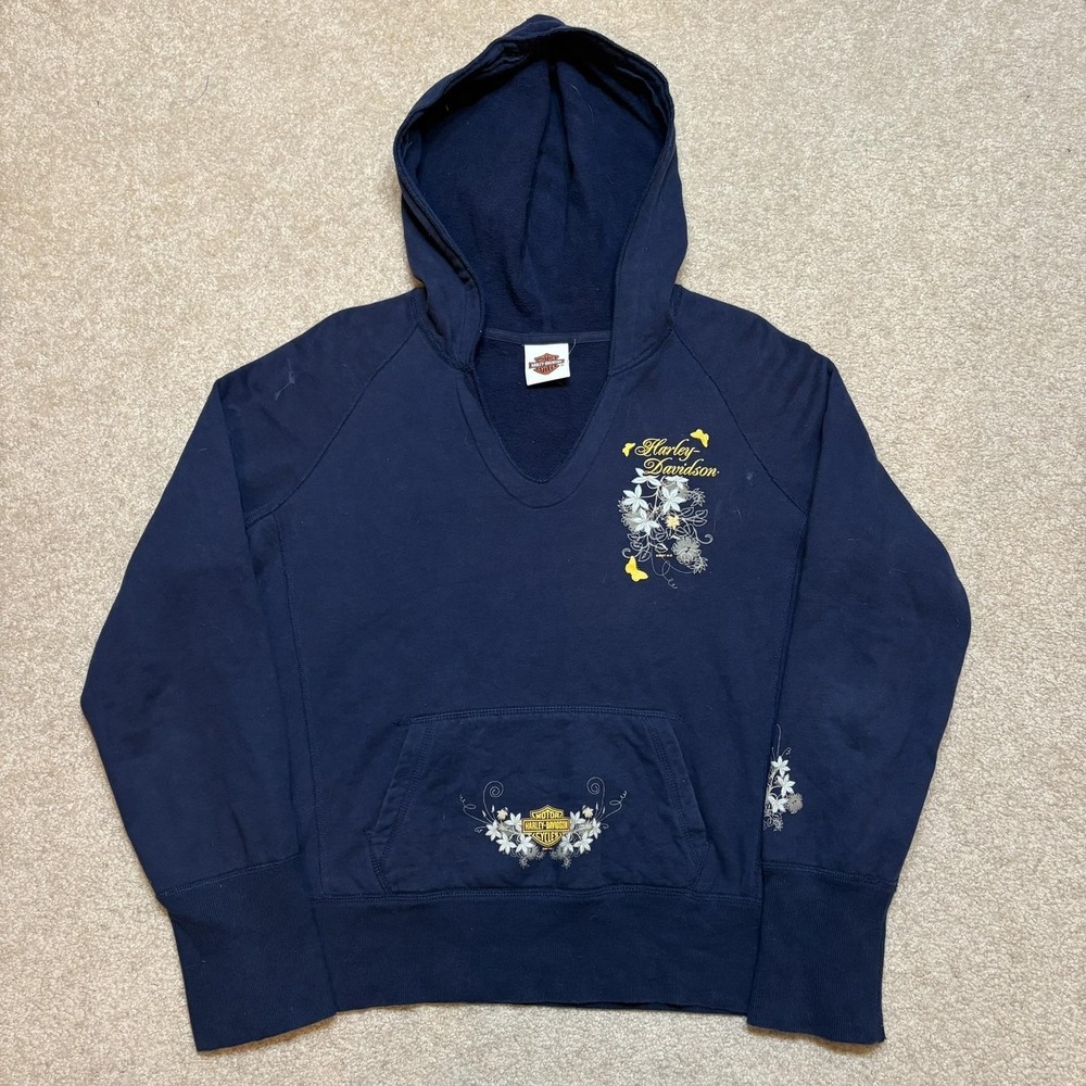 Harley-Davidson Hoodie Sweatshirt Womens Large Blue Floral Graphic Sturgis SD